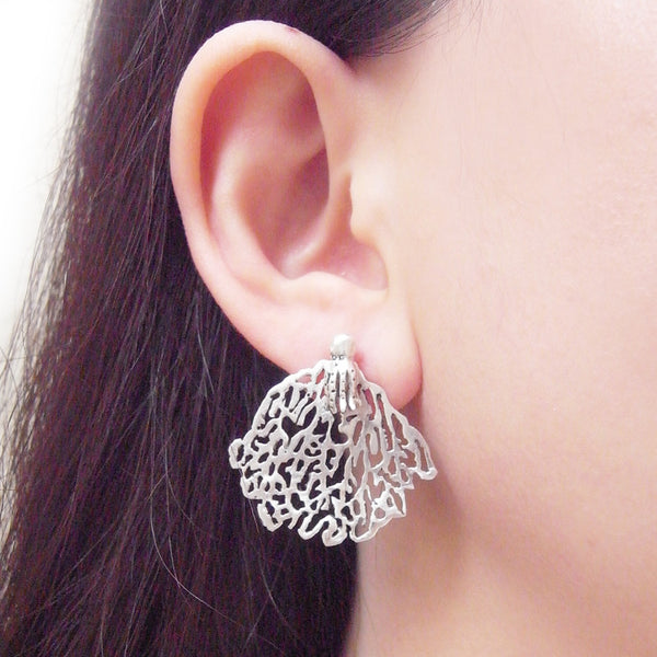 White Coral & Octopus Single Stud Earring Silver on Model