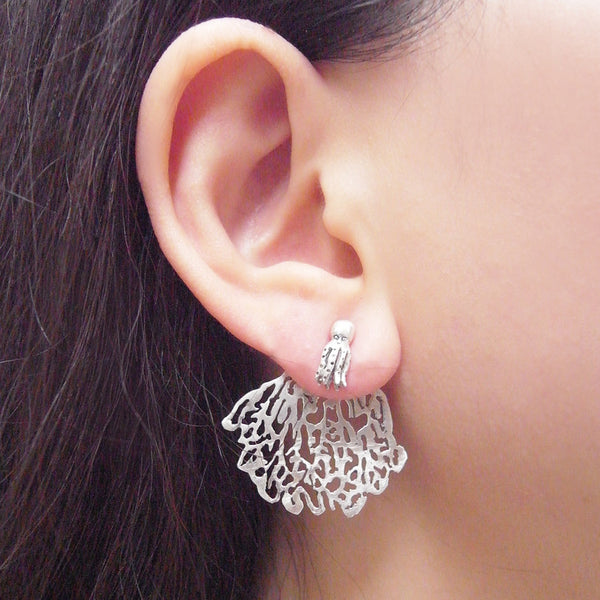 White Coral & Octopus Single Stud Earring Silver on Model