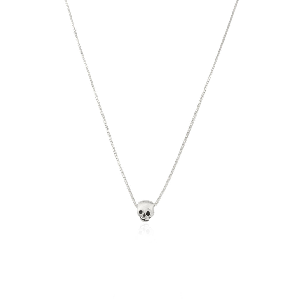 MOMOCREATURA Recycled sterling silver tiny skull necklace on a silver box chain, minimalist memento mori jewellery