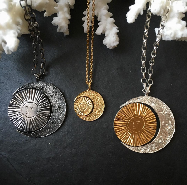 Crescent moon & sun/moon necklace gold
