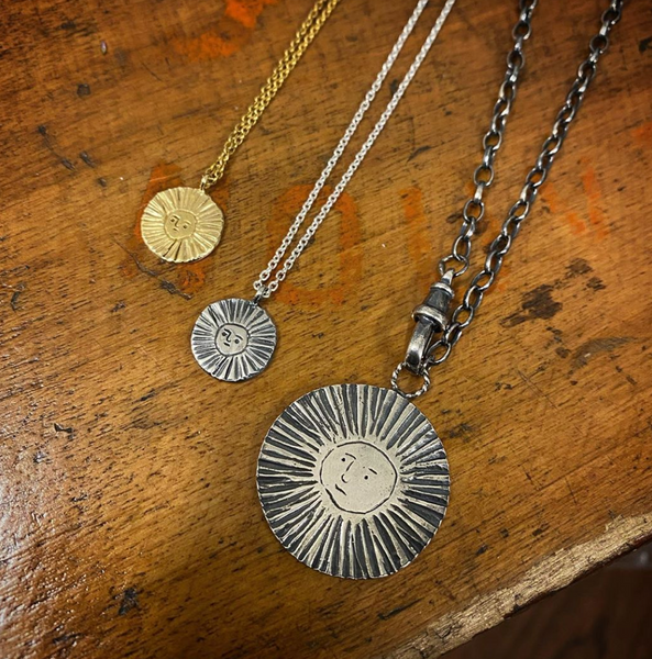 Large Sun / Moon Disc Lariat Reversible Necklace Silver