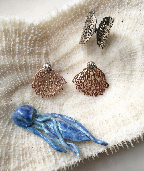 Rose Gold Coral & Silver Shell Stud Earrings