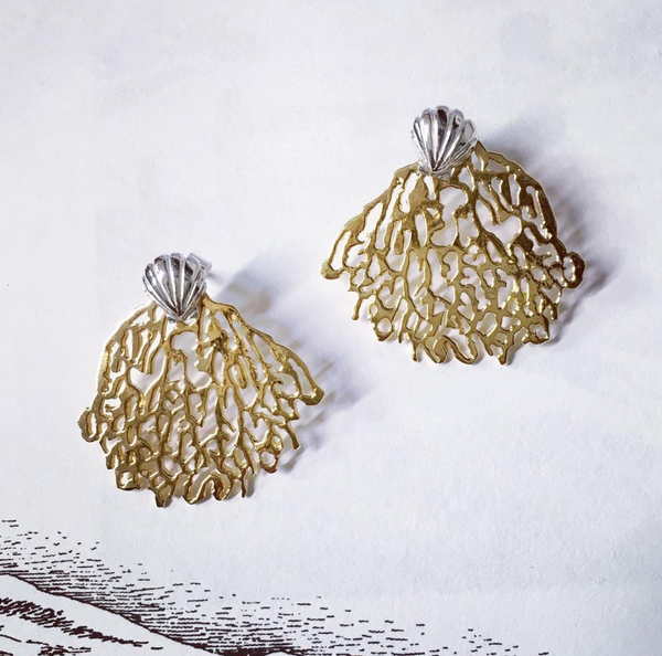 Gold Coral & Silver Shell Stud Earrings