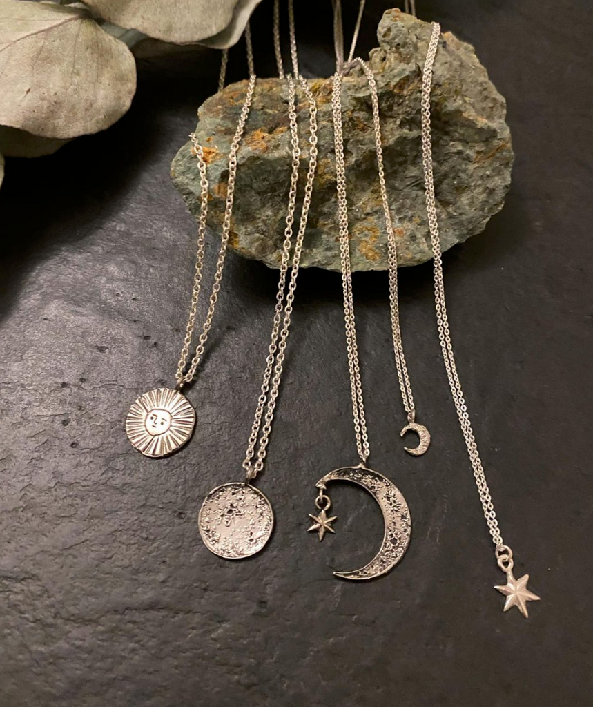 Crescent moon star necklace silver