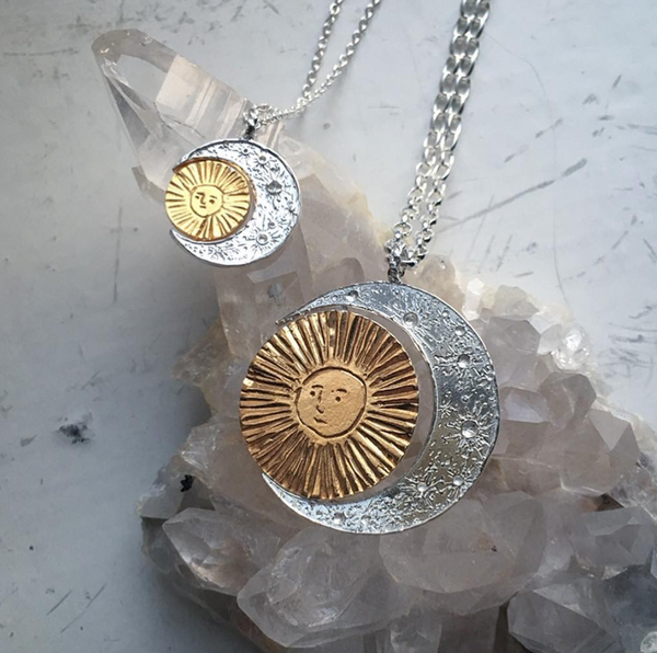 Crescent moon & gold sun/moon necklace Silver x Gold
