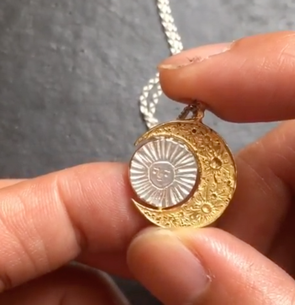 Crescent moon & gold sun/moon necklace Silver x Gold
