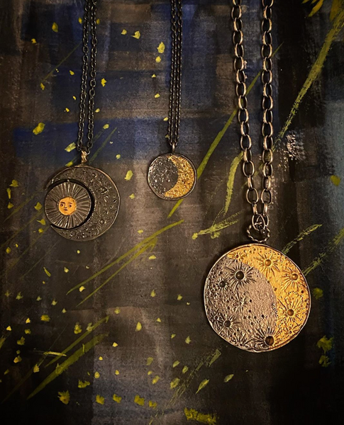 Large Sun & Moon Reversible Disc Necklace Silver x Gold