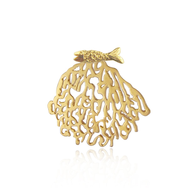 Gold Coral & Micro Fish Stud Earrings