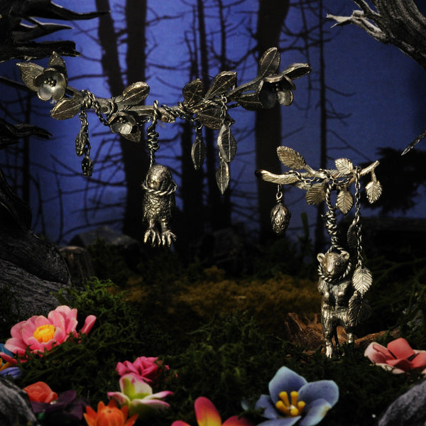 Hanging Owl with Twig Necklace Silver in Diorama