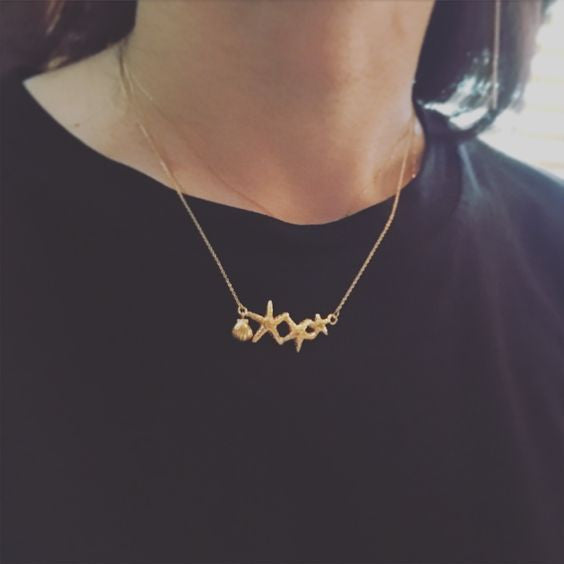 Triple Starfish & Shell Necklace Gold