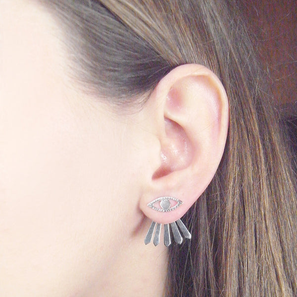 Eye and Ray Earrings Silver on Model 01