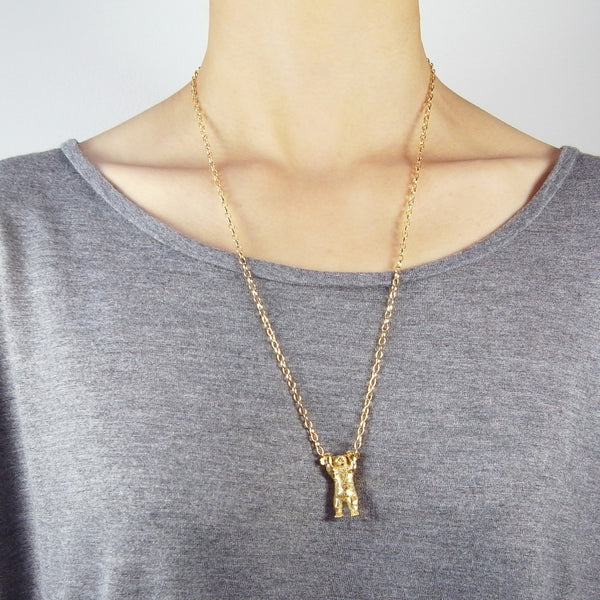 Handcuffed Bear Necklace Gold 60cm on Model