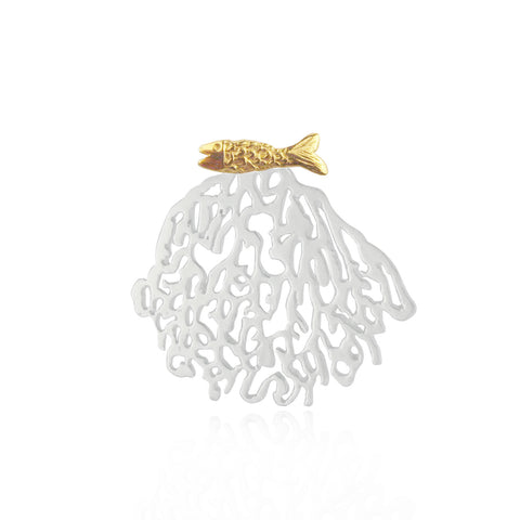 Silver Coral & Gold Micro Fish Stud Earrings