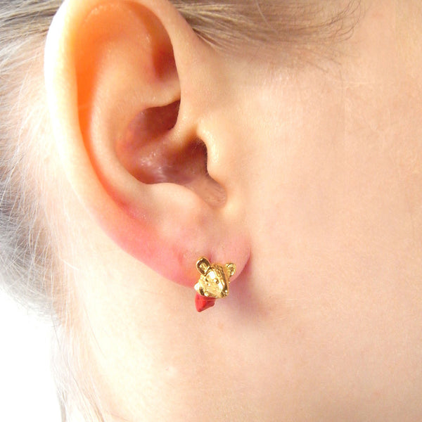 Head Off Mouse and Axe Earrings Gold on Model