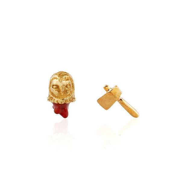 Head Off Owl and Axe Earrings Gold Product Shot