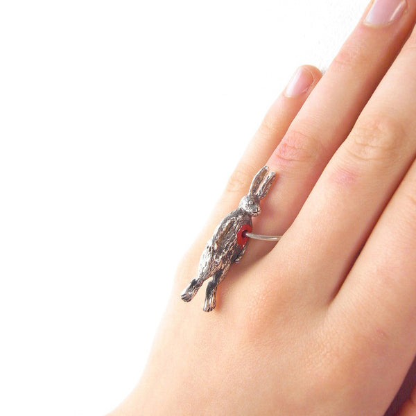 Hole in Heart Rabbit Ring Silver on Model
