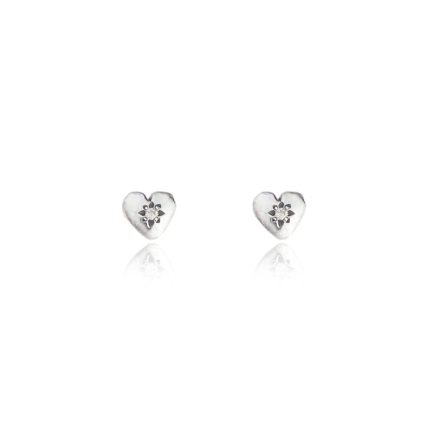 Tiny Heart Stud Earrings Silver with Diamond