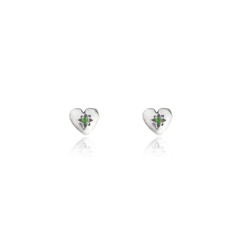 Tiny Heart Stud Earrings Silver with Emerald