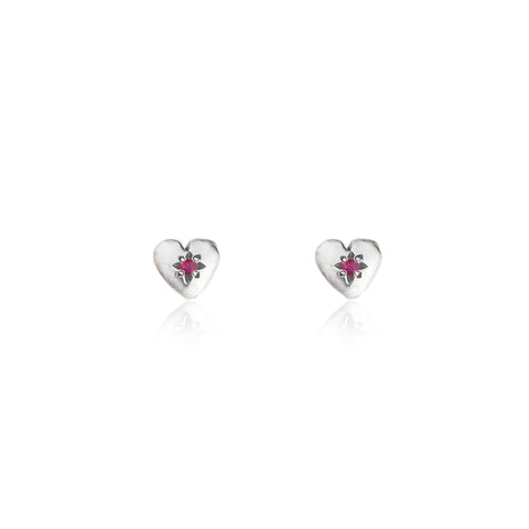 Tiny Heart Stud Earrings Silver with Ruby