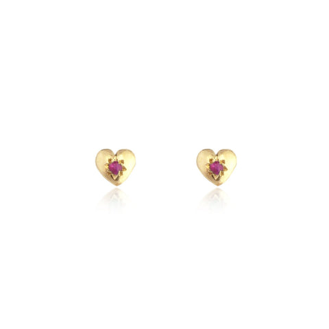 Tiny Heart Stud Earrings Gold with Ruby