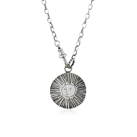 Large Sun / Moon Disc Lariat Reversible Necklace Silver