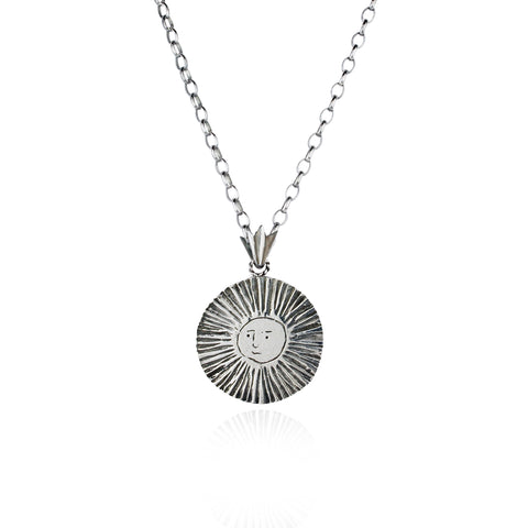 Large moon & sun disc long necklace silver