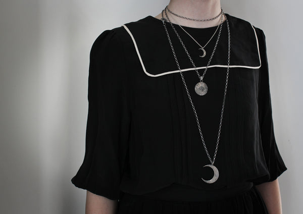 Large crescent moon long necklace