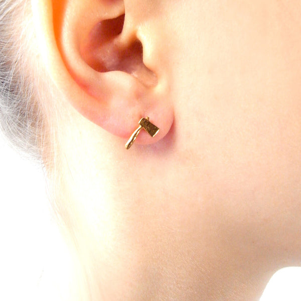 Head Off Stag And Axe Earrings Gold on Model