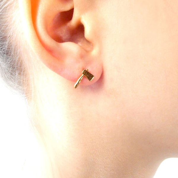 Head Off Mouse and Axe Earrings Gold on Model