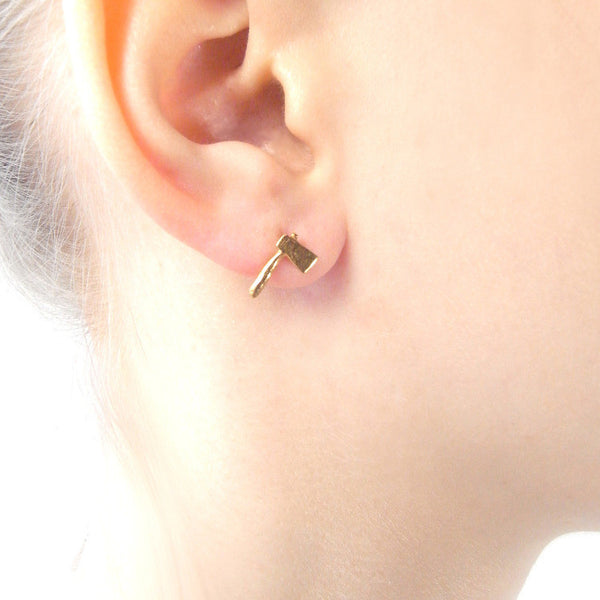 Tiny Axe Earrings Gold on Model