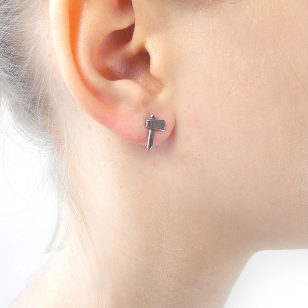 Tiny Axe Earrings Silver on Model