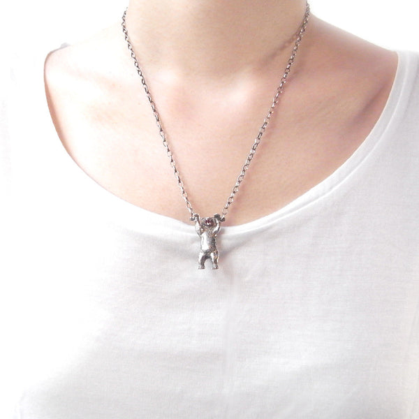 Handcuffed Bear Necklace Silver 48cm on Model