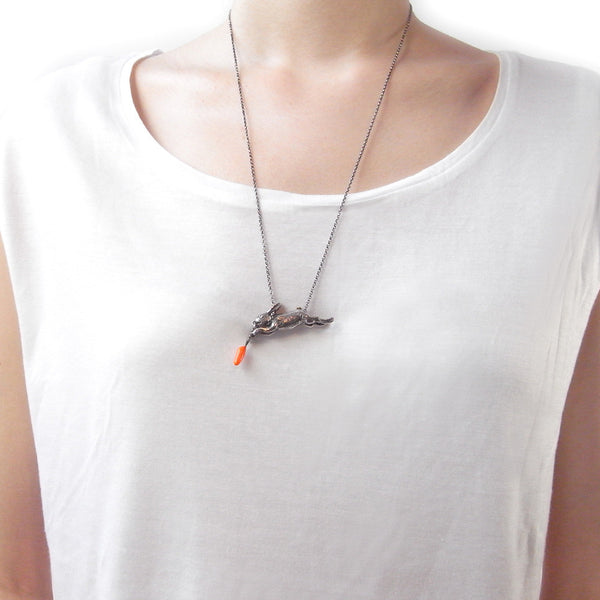 Rabbit and Carrot Necklace Silver Resin on Model