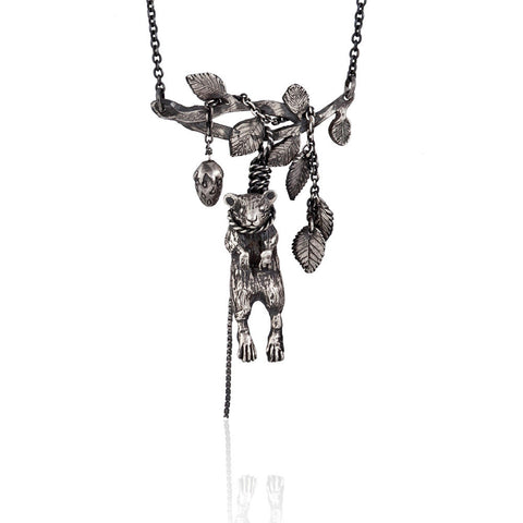 Hanging Mouse with Twig Necklace Silver Product Shot Main