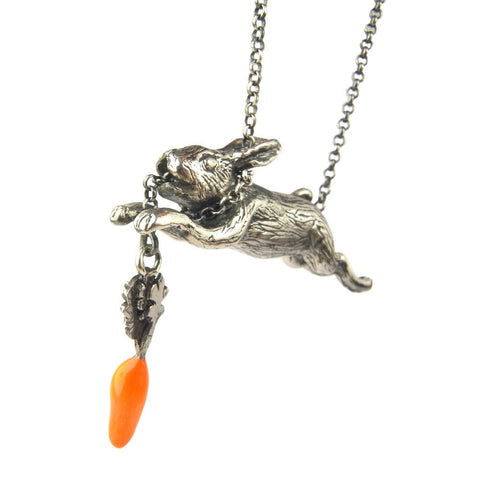 Rabbit and Carrot Necklace Silver Resin Product Shot Main