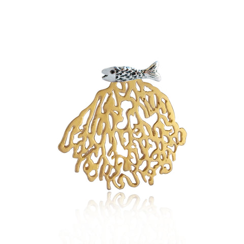 Gold Coral & Silver Micro Fish Stud Earrings