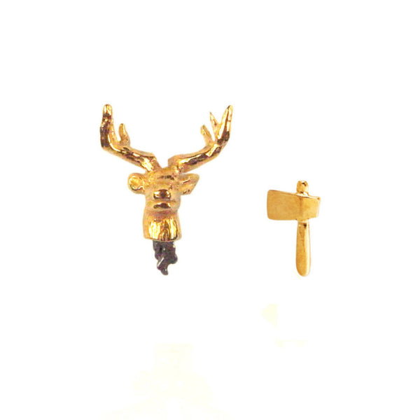 Head off stag and axe stud earrings yellow gold plated silver 