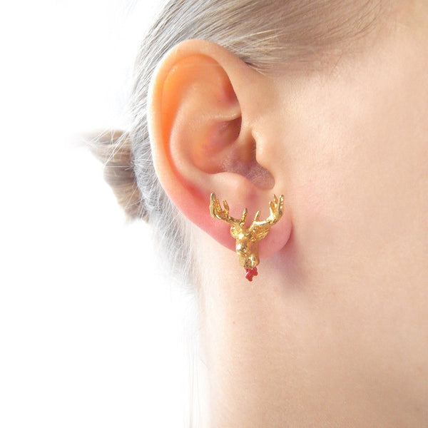 Head Off Stag And Axe Earrings Gold on Model