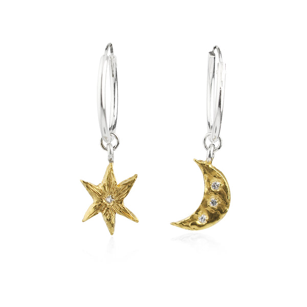 North star and moon hoop earrings