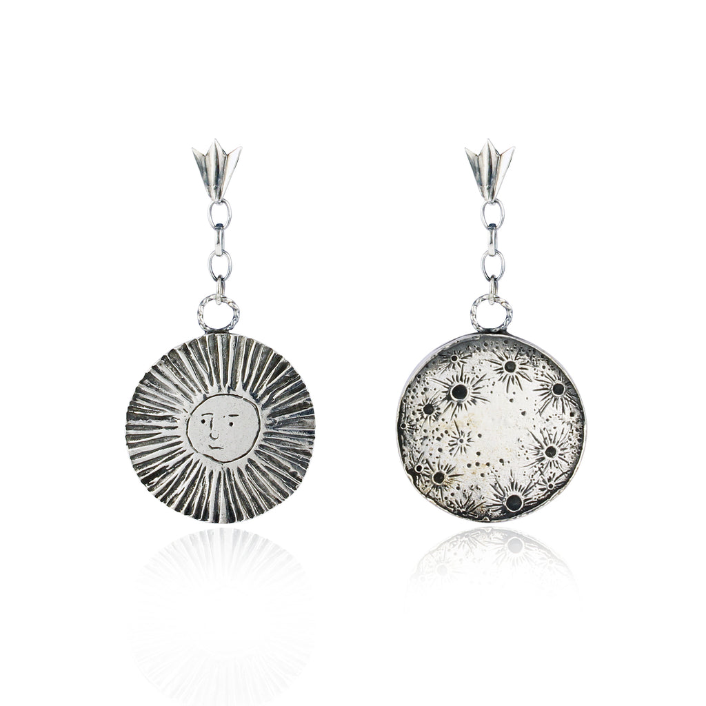 Large moon & sun disc drop earrings silver