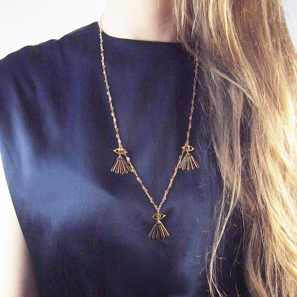 Triple Eyes and Rays Necklace Gold on Model