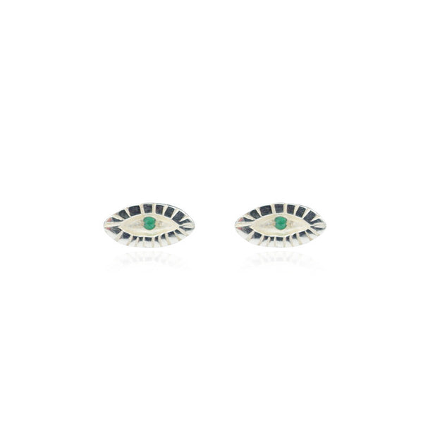 Tiny Emerald Eye Earrings Silver