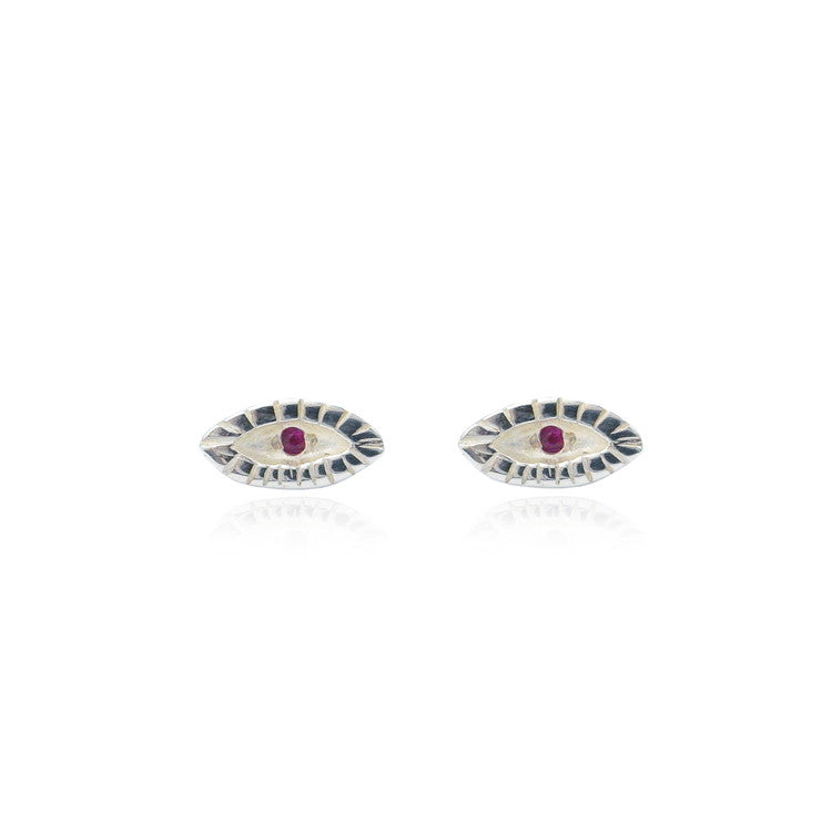 Tiny Ruby Eye Earrings Silver