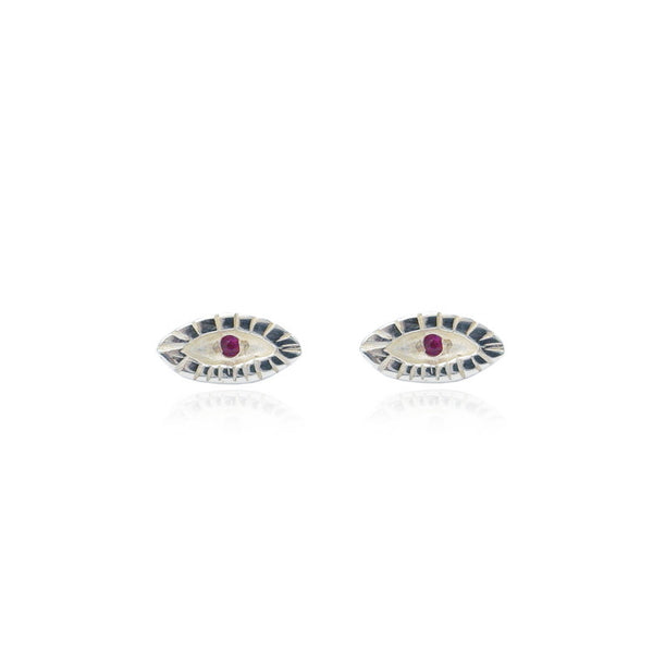 Tiny Ruby Eye Earrings Silver